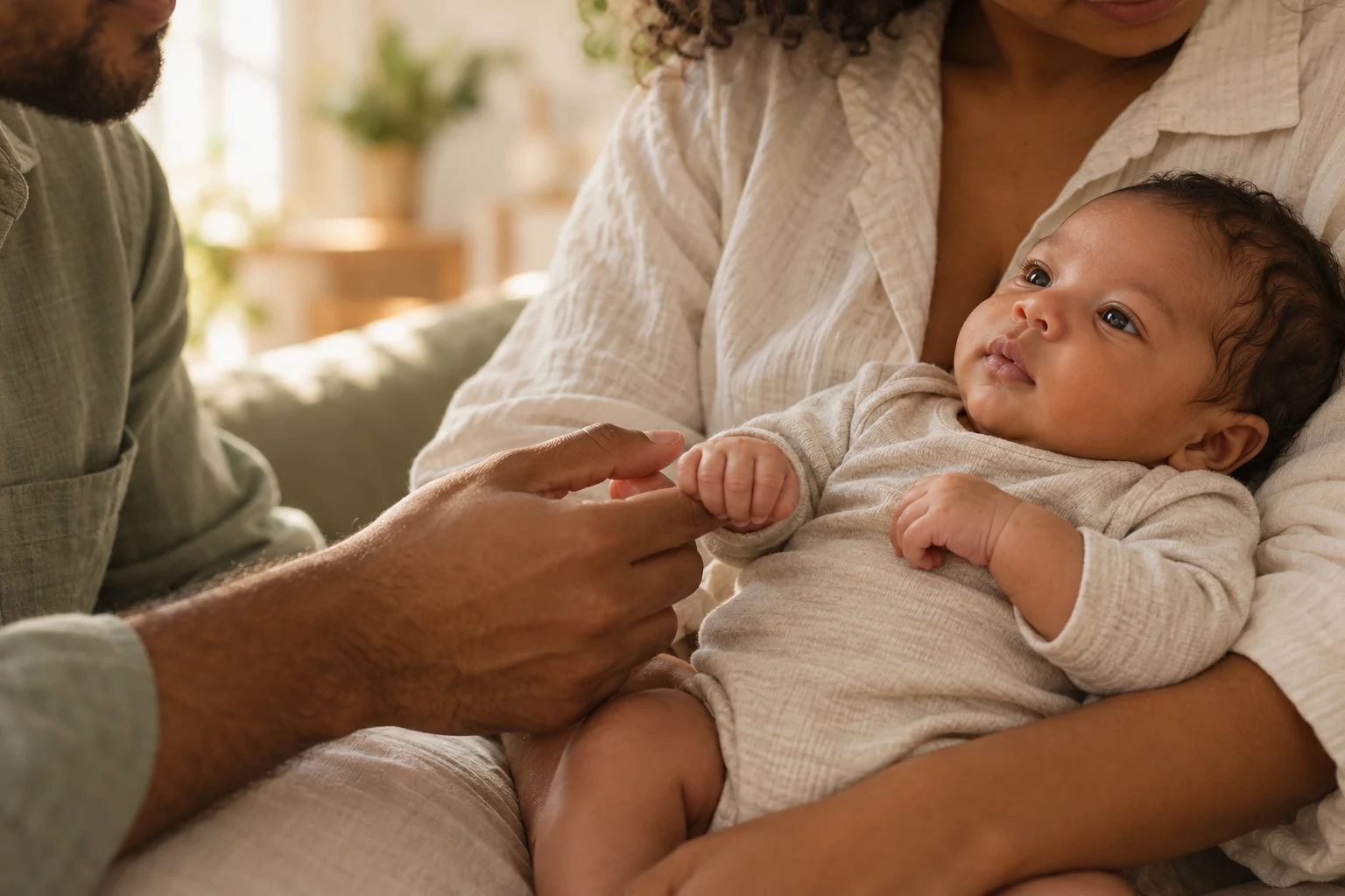 Um bebê acolhido no colo, com o carinho e a presença dos pais
