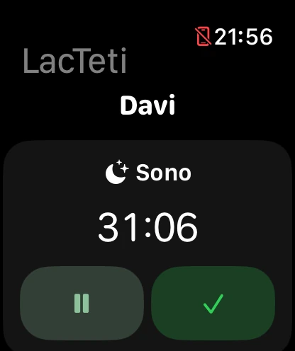 Tela real do Apple Watch com atalhos para sono, mamada e fralda. Dados fictícios.